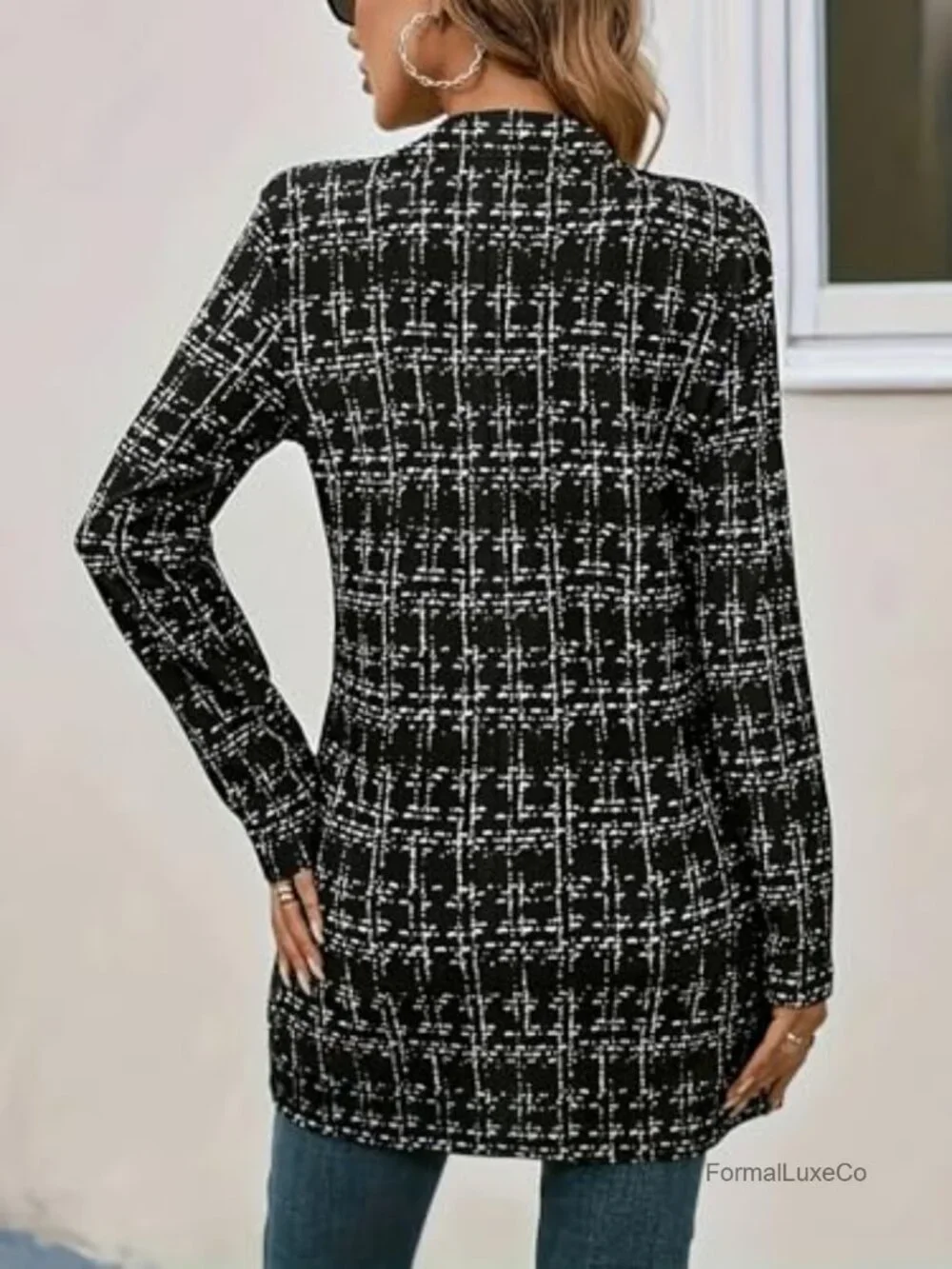 Women's Notch Lapel Plaid Tweed Blazer Open Front Long Sleeve Thigh Length